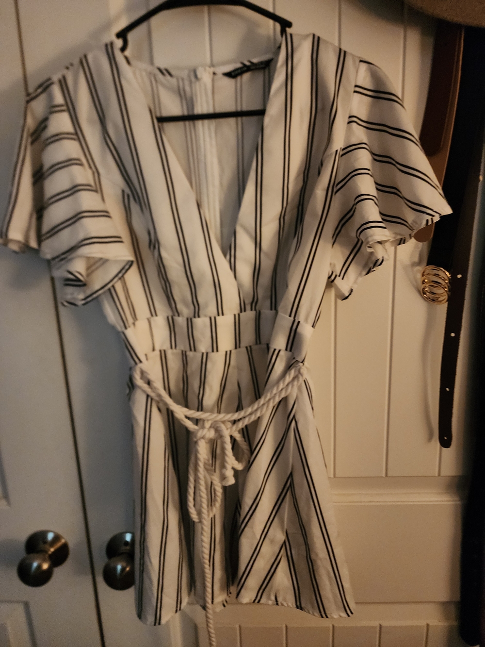 SHEIN White Romper with Black Vertical Stripes
